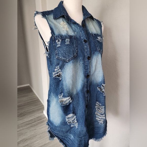 Thrill Jeans Sleeveless Denim Distressed Collared Top Shirt Blouse High Low Sz M - Picture 3 of 14